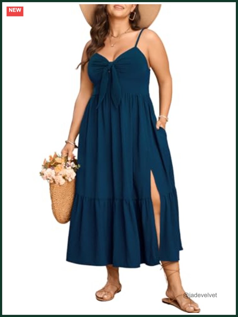 Plus Size Maxi Sun Dress Spaghetti Strap Tie Front Smocked Ruffle Split Boho